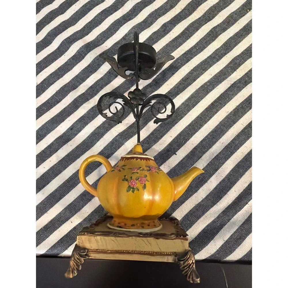 Vintage Style Teapot Candle Holder Yellow Floral‎ Ceramic Metal Scrollwork Base